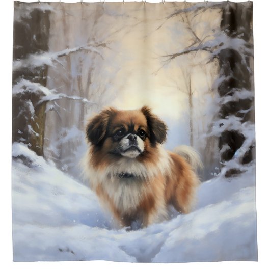 チベット語のスパニエル犬Letit雪のクリスマス シャワーカーテン (正面)