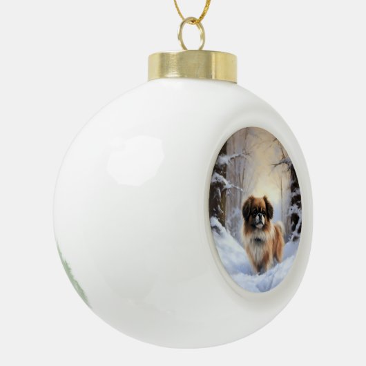 チベット語のスパニエル犬Letit雪のクリスマス セラミックボールオーナメント (左)