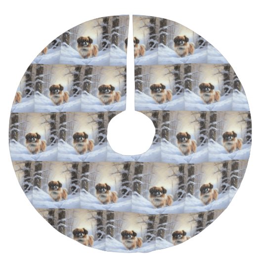 チベット語のスパニエル犬Letit雪のクリスマス ブラッシュドポリエステルツリースカート (正面)