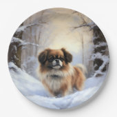 チベット語のスパニエル犬Letit雪のクリスマス ペーパープレート (正面)
