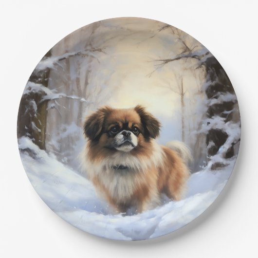 チベット語のスパニエル犬Letit雪のクリスマス ペーパープレート (正面)