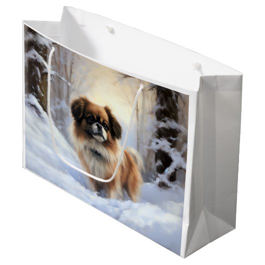 チベット語のスパニエル犬Letit雪のクリスマス ラージペーパーバッグ (正面アングル)