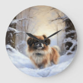 チベット語のスパニエル犬Letit雪のクリスマス ラージ壁時計 (正面)