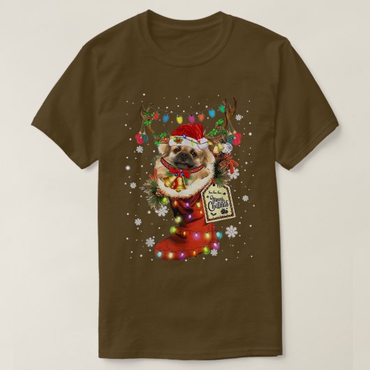 チベット語スパニエル犬クリスマスブートクリスマスソックウィンターサン Tシャツ (デザイン正面)