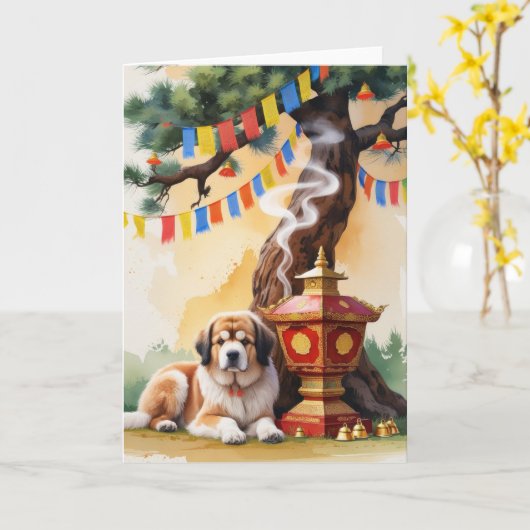 チベット語マスティフ犬クリスマスグリーティングカード カード (黄色い花)