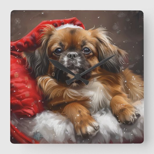 チベット・スパニエル犬のクリスマス スクエア壁時計 (正面)