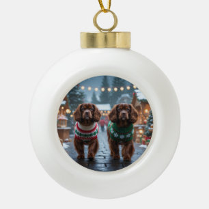 チベット・スパニエル犬 クリスマス スノー ホリデー セラミックボールオーナメント