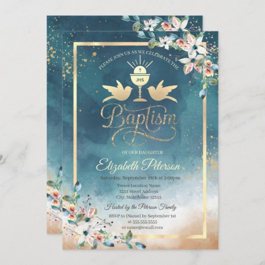 チャイエレガントス水彩花バプテスマ 招待状 (正面/裏面)