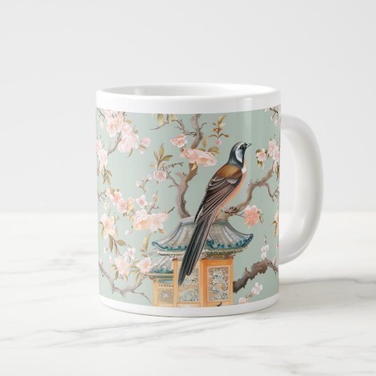 チャイナ風鳥と花のマグカップ(サージとピーチ) ジャンボコーヒーマグカップ (正面右)