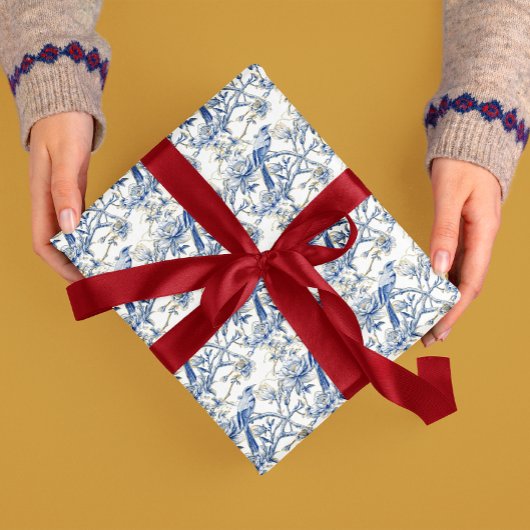 チャイノアイセリーアジアンバードホワイトブルーフローラ ラッピングペーパー