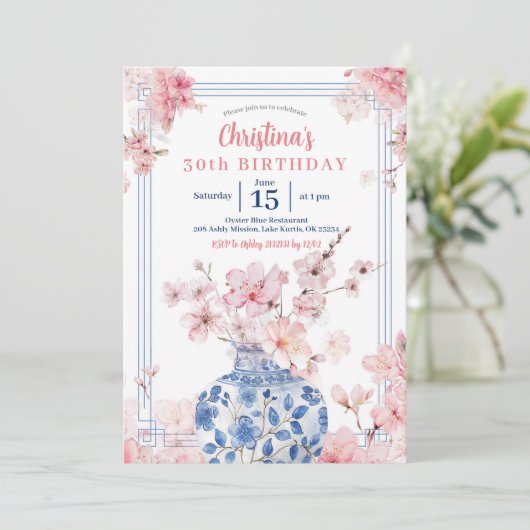 チャイノアイセリーピンクさくらんぼ花の誕生日パーティー 招待状 (スタンド正面)