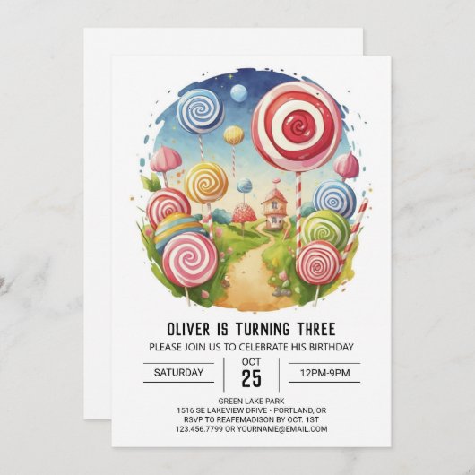 チャイルズウォーターカラー棒つきキャンデー誕生日 招待状 (正面/裏面)