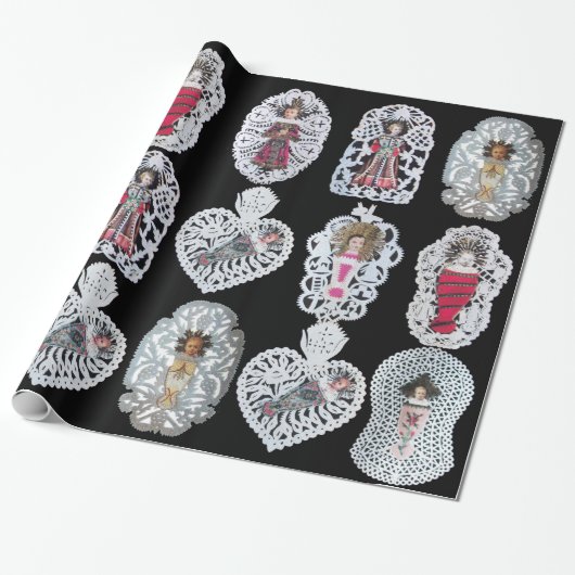 チャイルドイエス，アンティーククリスマス紙彫刻，ブラック ラッピングペーパー (アンロールド)