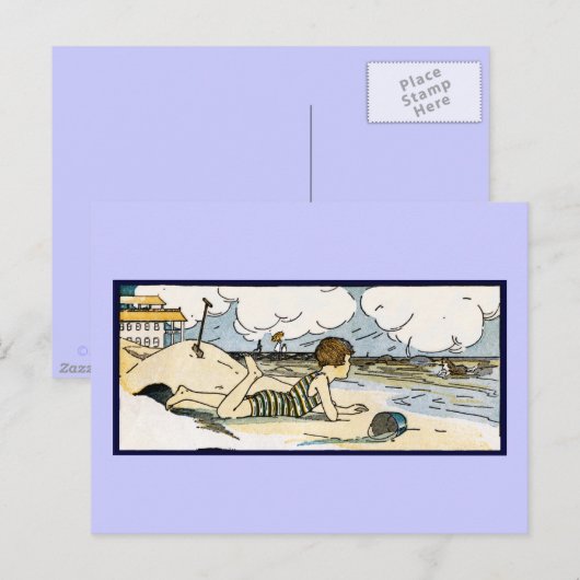 チャイルドオンビーチヴィンテージアート ポストカード (正面/裏面)