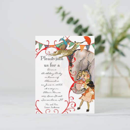 チャイルドサーカスエレファントピーコックキリンパーティー インビテーションポストカード (スタンド正面)