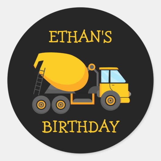 チャイルドズイエローセメントトラックブラックバースデーパーティー ラウンドシール (正面)