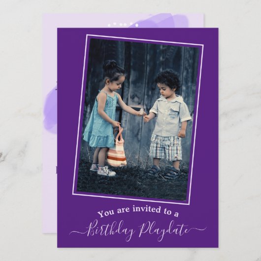 チャイルドズパープル誕生日プレイデートカスタム写真 招待状 (正面/裏面)