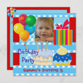 チャイルドズボーイ3rd誕生日パーティーブルーレッドイエロー 招待状 (正面/裏面)