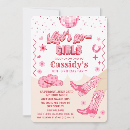 チャイルドディスコ女性のカーボーイ誕生日パーティーの招待 招待状 (正面)