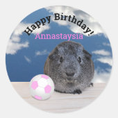 チャイルドハッピーバースデーモルモット・ピンク・サッカーボール ラウンドシール (正面)