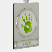 チャイルドハンドプリントグリーンNAMEウッドエレガント シルバープレートバナーオーナメント (右)