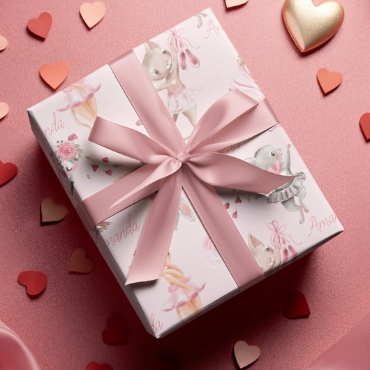 チャイルドパーソナライズされたバレエバレリーナピンクの動物 ラッピングペーパー