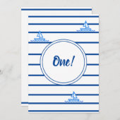 チャイルドファースト誕生日ブルーストライプズ帆船 招待状 (正面/裏面)