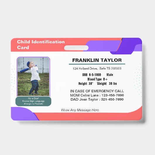 チャイルドフォト緊急ID識別カードバッジ バッジ (正面)