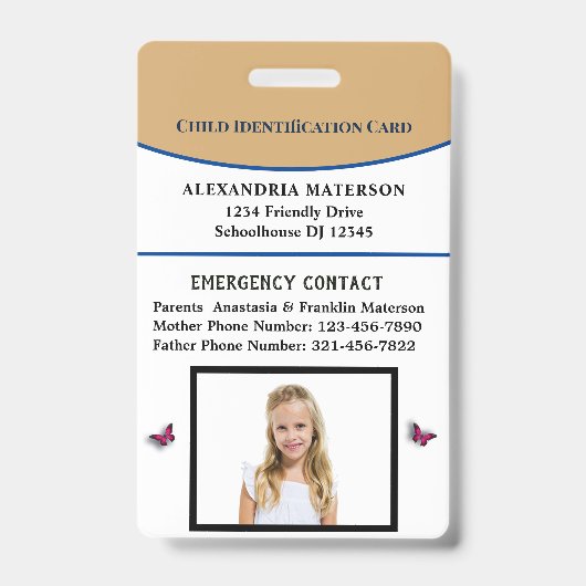 チャイルドボーイガールID識別エマージェンシーカード バッジ (正面)
