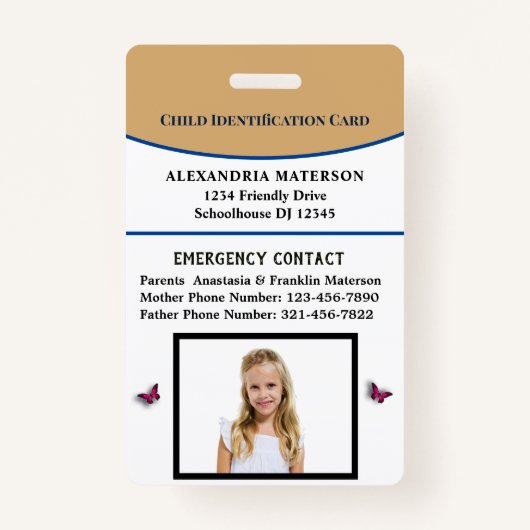 チャイルドボーイガールID識別エマージェンシーカード バッジ (正面)