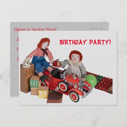 チャイルド消防車Raggedy Ann Andy Birthday party インビテーションポストカード (正面/裏面)