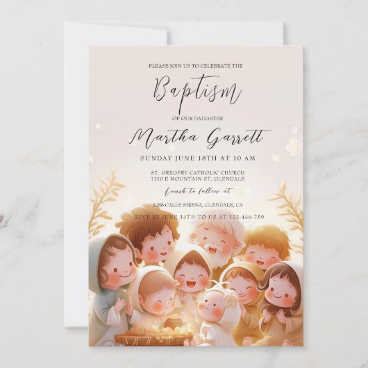 チャイルド&ファミリーイラストレーションガールバプテスマ 招待状 (正面)