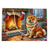 チャウチャウとクリスマスのイルミネーションが輝く暖炉 ラージペーパーバッグ (裏面)