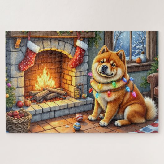 チャウチャウのクリスマスイルミネーションと暖炉 ジグソーパズル (横)
