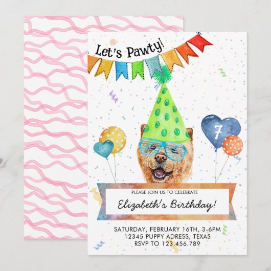 チャウチャウの誕生日パーティーの招待状 招待状 (正面/裏面)