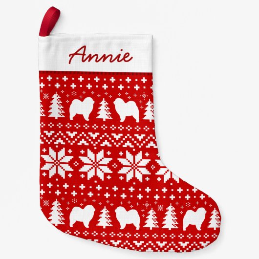 チャウチャウはかわいいパターン荒い食事のシルエットを描きます スモールクリスマスストッキング (正面)