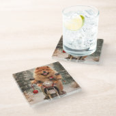 チャウチャウドッグオートバイクリスマスに乗る ガラスコースター (アングル)