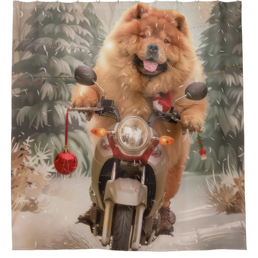 チャウチャウドッグオートバイクリスマスに乗る シャワーカーテン (正面)