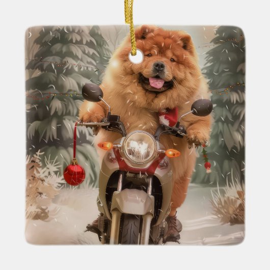チャウチャウドッグオートバイクリスマスに乗る セラミックオーナメント (正面)