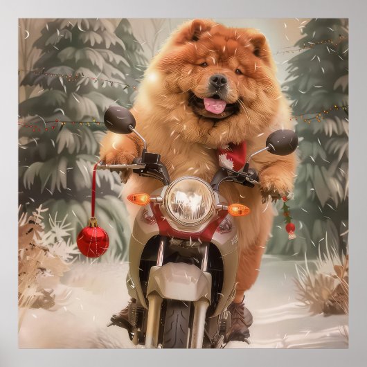 チャウチャウドッグオートバイクリスマスに乗る ポスター (正面)