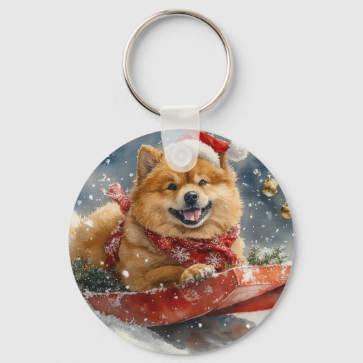 チャウチャウ犬のそり「雪を降らせて」クリスマス キーホルダー (正面)
