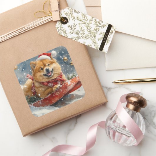 チャウチャウ犬のそり「雪を降らせて」クリスマス スクエアシール (ギフト)