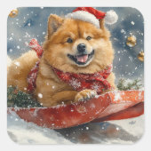 チャウチャウ犬のそり「雪を降らせて」クリスマス スクエアシール (正面)