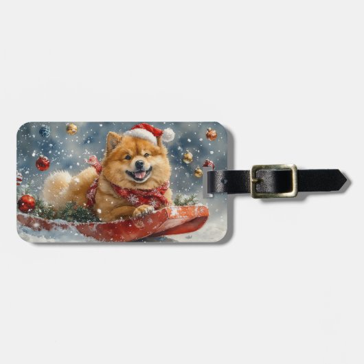 チャウチャウ犬のそり「雪を降らせて」クリスマス ラゲッジタグ (正面横)