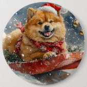 チャウチャウ犬のそり「雪を降らせて」クリスマス 缶バッジ (正面)