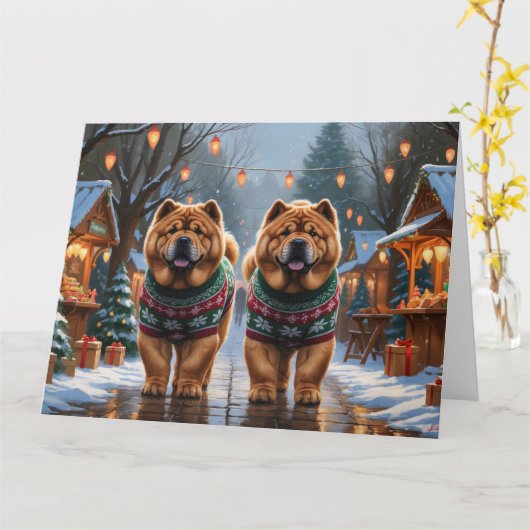 チャウチャウ犬のクリスマススノー ホリデー カード (黄色い花)