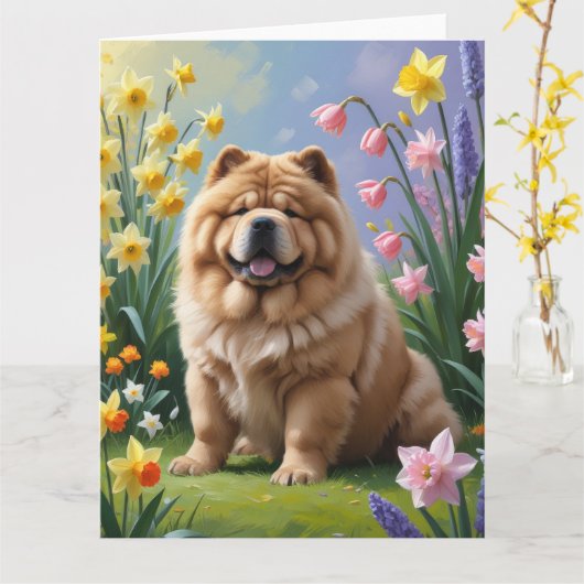 チャウチャウ犬の春の花の絵 カード (黄色い花)
