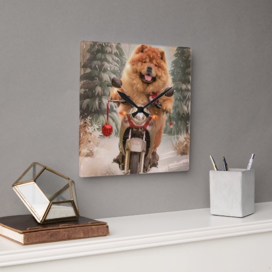 チャウチャウ犬バイクに乗るクリスマス スクエア壁時計 (オフィス)