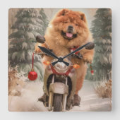 チャウチャウ犬バイクに乗るクリスマス スクエア壁時計 (正面)