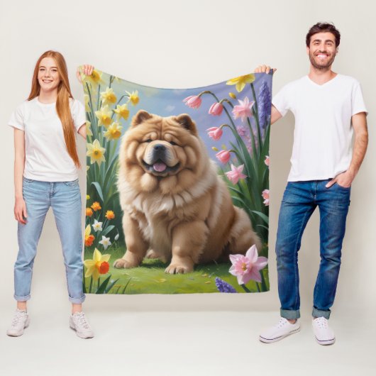チャウチャウ 犬 春の花 絵画 フリースブランケット (インサイチュ)
